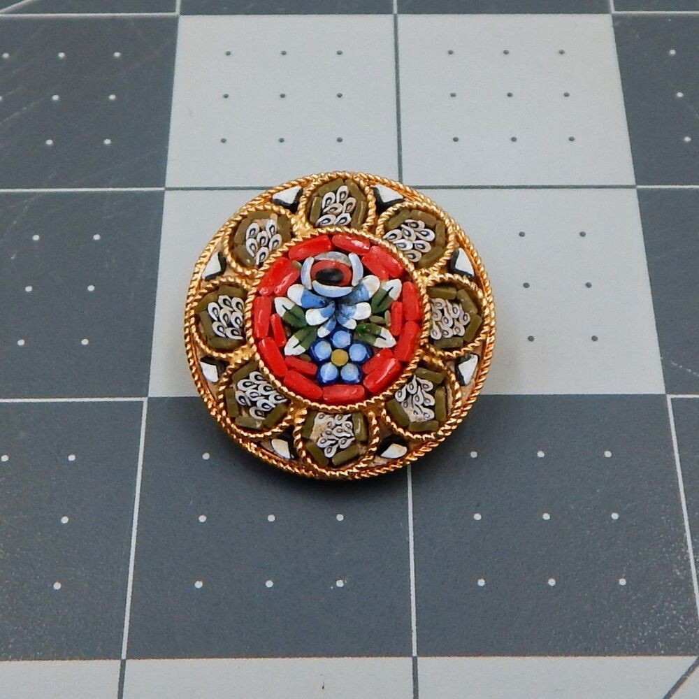 Vintage Round Micro Mosaic Brooch Pin Multicolor Flowers Floral Italy 1 Inch